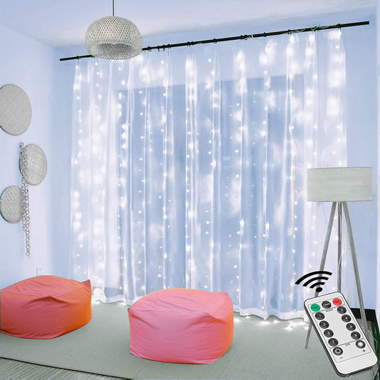 LED Fairy Curtain Lights with Remote Control Twinkle Wall Hanging Lights for Party Wedding Decorations Indoor and Outdoor Christmas Halloween(300Led-Cold White)
