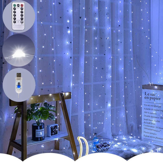USB Curtain Lights Indoor 9.8ft 8 Modes Remote Controlled Home Window Wall Wedding Holiday Christmas Indoor Outdoor Colorful Decoration String Lights (Cool White)