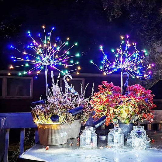 Solar Garden Lights, 2 Pack IP65 Waterproof Solar Outdoor Lights Decorative with 2 Modes Multi-Color Firework Lights for Christmas Pathway Parties Farmhouse Garden Courtyards Porch Decor