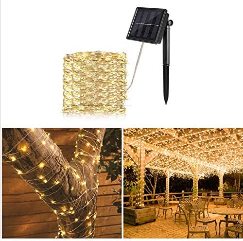 LED Solar String Light Outdoor Waterproof Fairy Copper Wire Lights for Holiday Christmas Party Home Yard Patio Road Tree Balcony Decoration String Lights (33ft-WW)