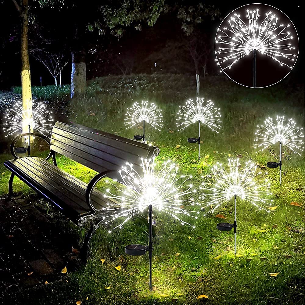 Honche 2Pack Solar Garden Light Ground-Plug in 120LED 8 Modes Waterproof Outdoor firewrok Lights Starburst Lights for Pathway Patio Backyard LawnRoof Christmas Party Decoration(Cold White-Oval)