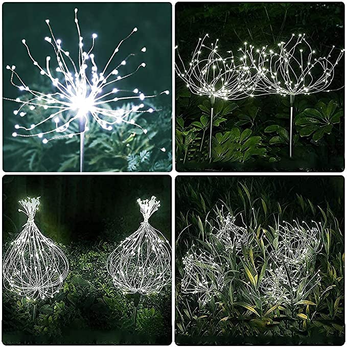 Honche 2Pack Solar Garden Light Ground-Plug in 120LED 8 Modes Waterproof Outdoor firewrok Lights Starburst Lights for Pathway Patio Backyard LawnRoof Christmas Party Decoration(Cold White-Oval)