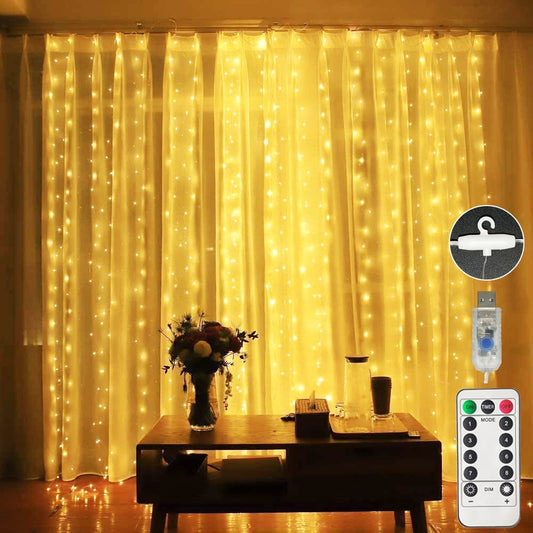 Honche Led Curtain Lights 300 LED 8 Modes USB with Remote for Home Room Bedroom Wedding Party Christmas Window Wall Decorations,Room Decor (Warm White)