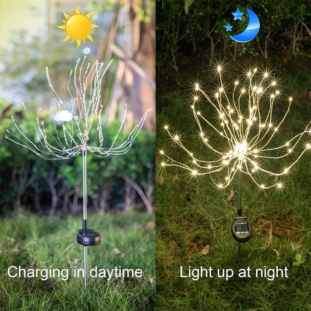 Honche Solar Outdoor Lights Fireworks Fairy Firefly String Lights Starburst Lamp Flowers Trees Patio Pathway Party Solar Garden Lights Outdoor Waterproof Christmas Decorations 2 Packs(TY-Warm White)