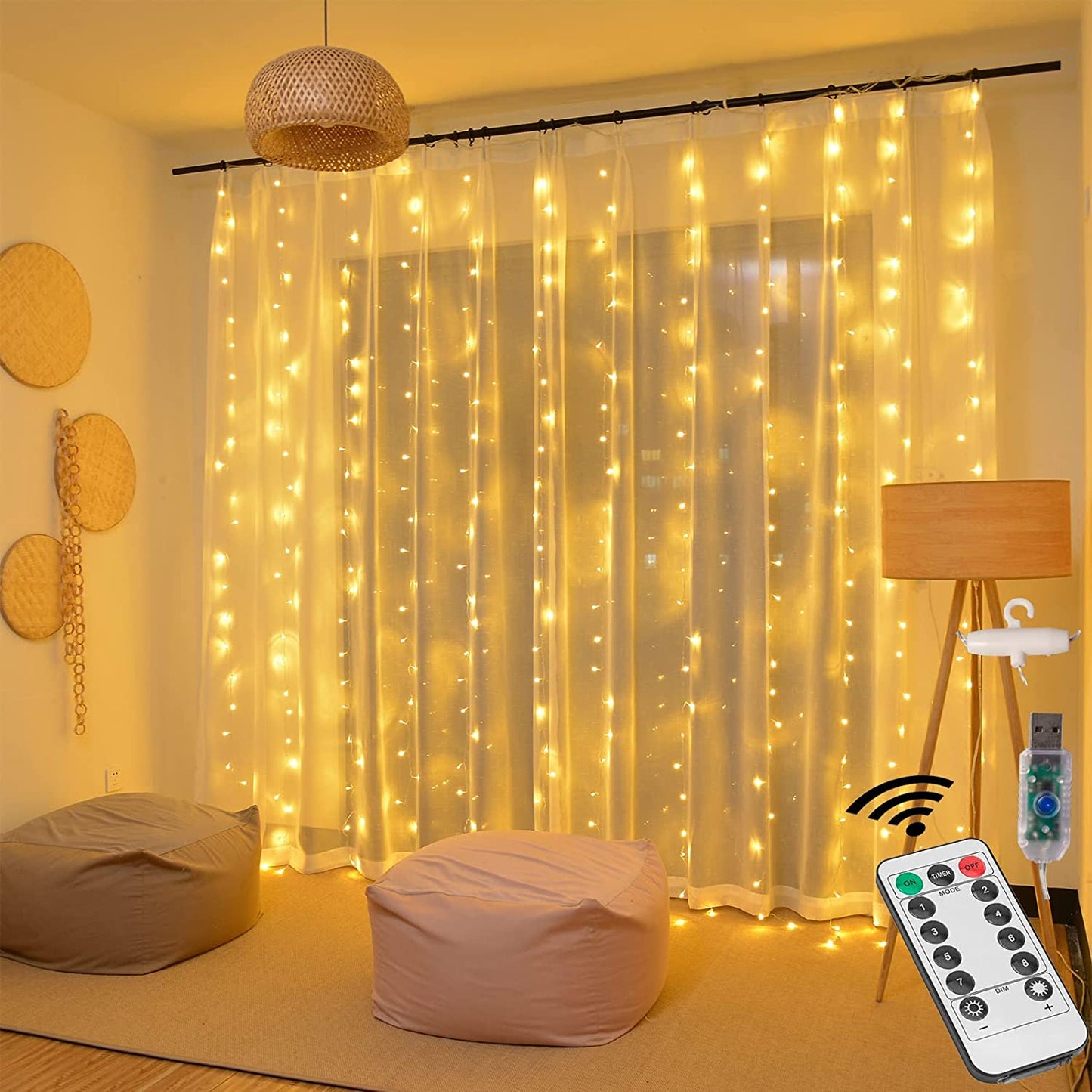 LED Fairy Curtain Lights,Remote Control Hanging Lights,Bedroom Party Wedding Decoration,Home Decor Lighting,Indoor Outdoor Christmas Halloween (300Led - Warm White)