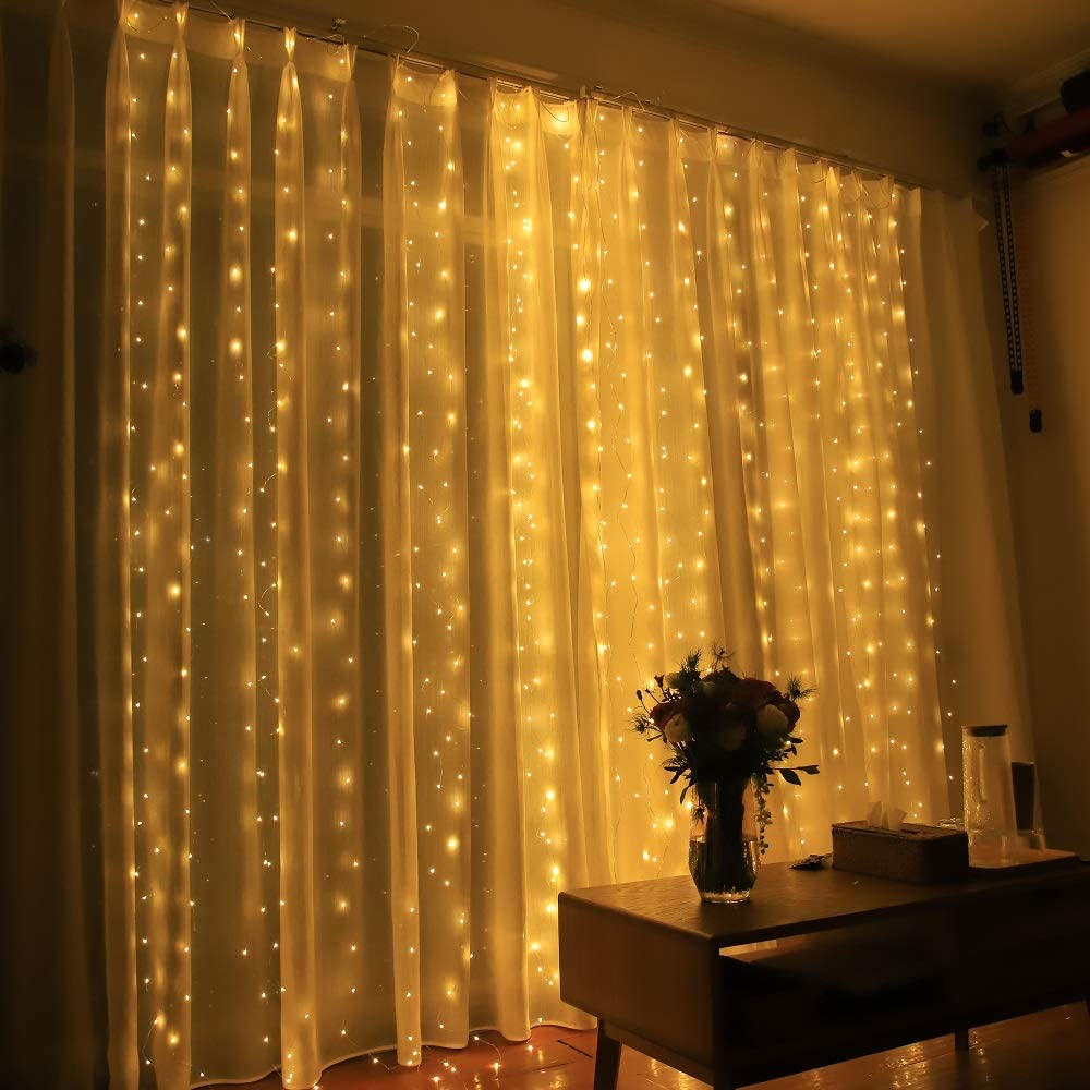 USB Curtain Lights Indoor 9.8ft 8 Modes Remote Controlled Home Window Wall Wedding Holiday Christmas Indoor Outdoor Colorful Decoration String Lights (Music Sound Control Warm White)