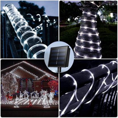 Solar Rope Lights Outdoor 33ft 100 LEDs Copper Wire Tube Lighting Waterproof Holiday Christmas Yard Patio Road Pathway Decoration Fairy Lights Cool White