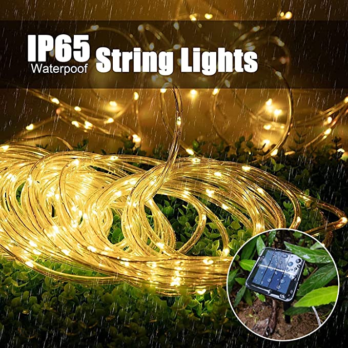 Solar Rope Light 33FT 100L IP65 Waterproof Outdoor LED Copper Fairy String Tube Lights for Party Garden Yard Home Wedding Christmas Halloween Holiday Tree Decoration Lighting (Warm White)