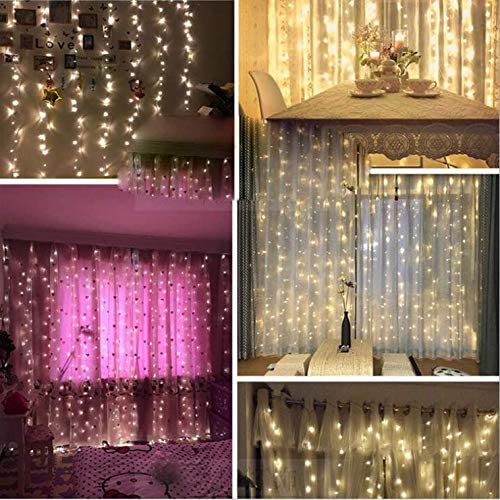 USB Curtain Lights Indoor 9.8ft 8 Modes Remote Controlled Home Window Wall Wedding Holiday Christmas Indoor Outdoor Colorful Decoration String Lights (Music Sound Control Warm White)