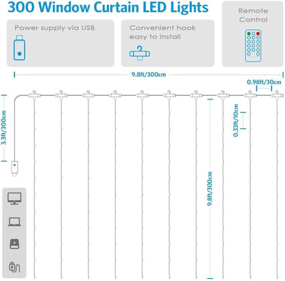 USB Curtain Lights Indoor 9.8ft 8 Modes Remote Controlled Home Window Wall Wedding Holiday Christmas Indoor Outdoor Colorful Decoration String Lights (Music Sound Control Warm White)